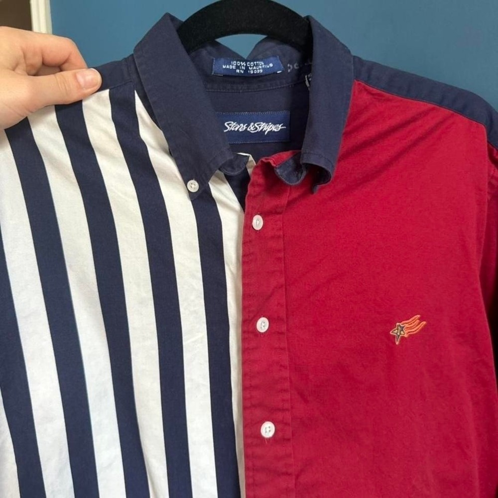 Vintage 90s Colorblock Shirt Men's Size Medium Stars And Stripes Navy Red Retro - Picture 3 of 8